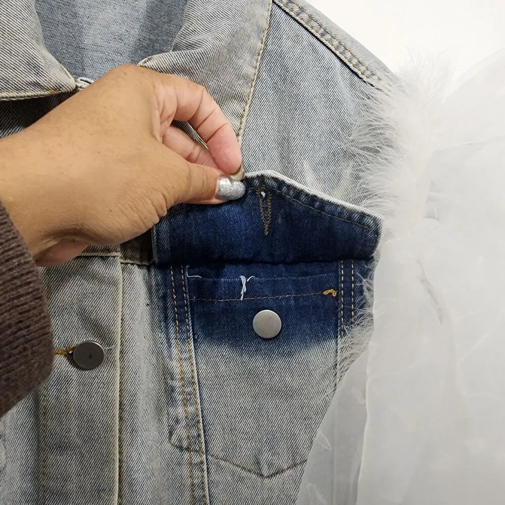 Upclycled Bujtton-front denim vest oversized white tulle ruffle sleeves Size L - Picture 9 of 16